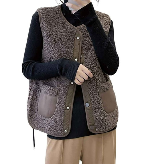 safuny Women's Lightweight Elegant Fleece Vest Jacket Sleeveless Fall Open Front Button Casual Relaxed Warm Holiday Solid Color Trendy Outwear Coffee L
