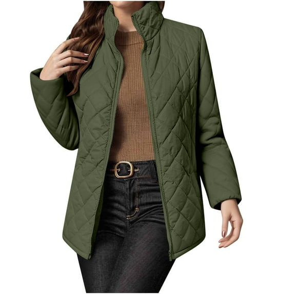 safuny Women's Lightweight Quilted Jacket Stand Collar Zip Warm Winter Coat Outwear with Pockets Green _g S