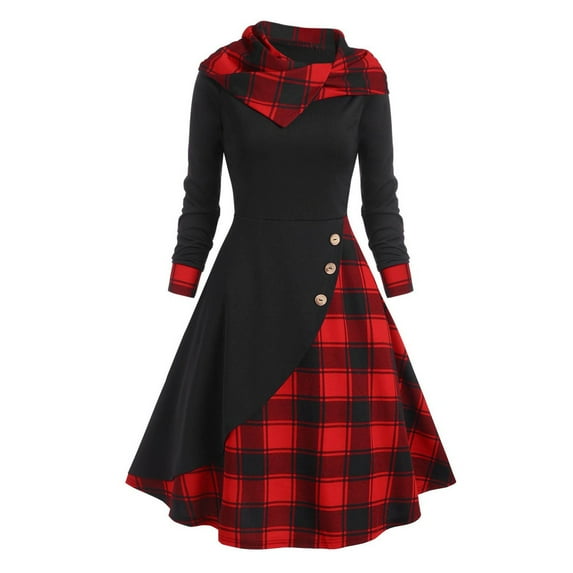 safuny Women's Long Sleeve Mid-Calf Dress Gothic Vintage Plaid Panel Hooded Button Dress Retro Dark Midi Dress Dressy Lounge Trendy Blazer Pullover Red L