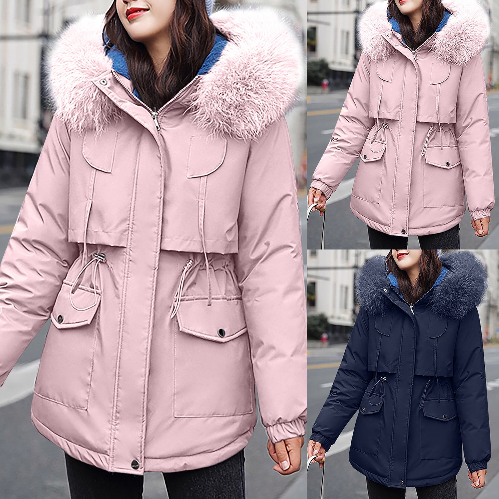 safuny Women s Long Sleeve Parkas Solid Casual Thicker Winter Slim Down Lammy Jacket Coat Overcoat Hooded Neck Dressy Lounge Trendy Blazer Pulr Navy M