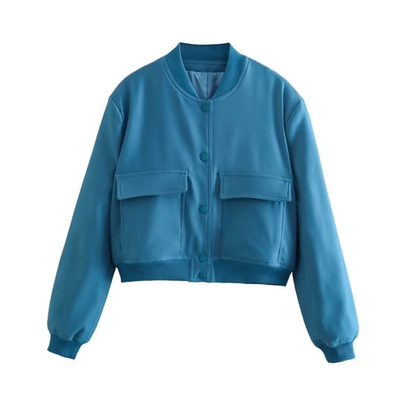 safuny Women's Loose Bomber Jacket with Pocket Solid Retro Tops Trendy Shirts Fall Long Sleeve Stand Collar Button-Down Holiday Casual Relaxed Sky Blue M