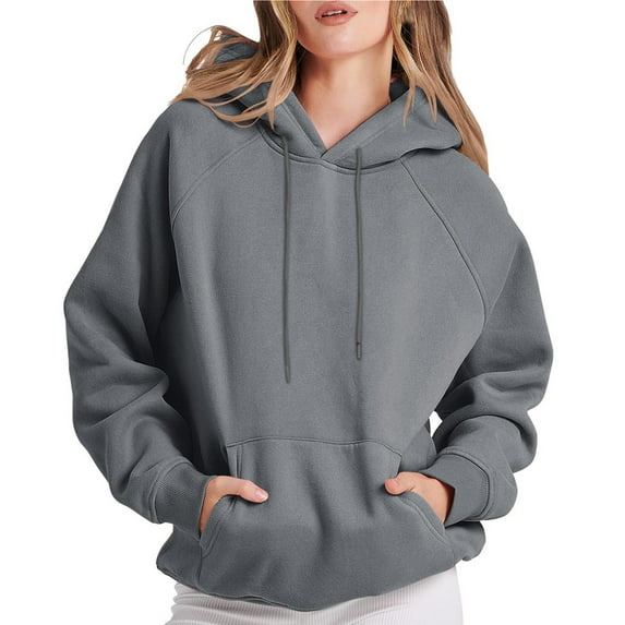 safuny Women's Loose Hoodie Sweatshirt Elegant Casual Relaxed Holiday Trendy Shirts Fall Solid Drawstring Tops Long Sleeve Crew Neck Gray M