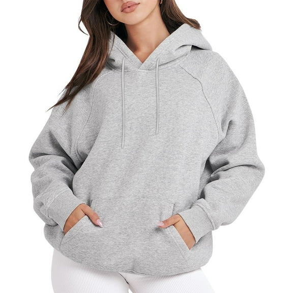 safuny Women's Loose Hoodie Sweatshirt Elegant Casual Relaxed Holiday Trendy Shirts Fall Solid Drawstring Tops Long Sleeve Crew Neck Gray S