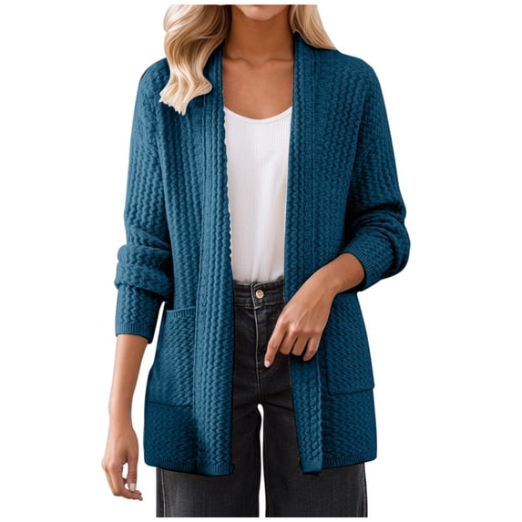 safuny Women's Loose Open Front Cardigans Long Sleeve Chunky Knit Cable Solid Color Sweater with Pockets Blue _z M