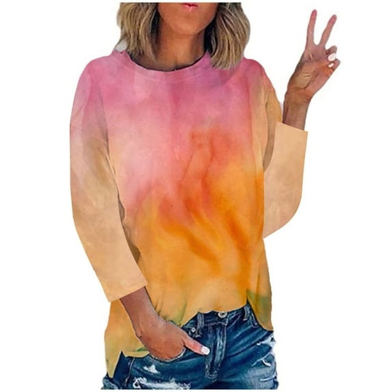 safuny Women's Loose Pullovers Gradient Dipdye Tops Fall Long Sleeve Round Neck Casual Relaxed Holiday Trendy Shirts Orange XL