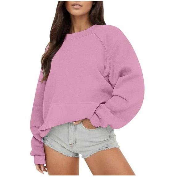 safuny Women's Loose Pullovers Oversized Sweater Solid Color Tops Long Sleeve Crew Neck Casual Relaxed Holiday Trendy Shirts Fall Pink XXL