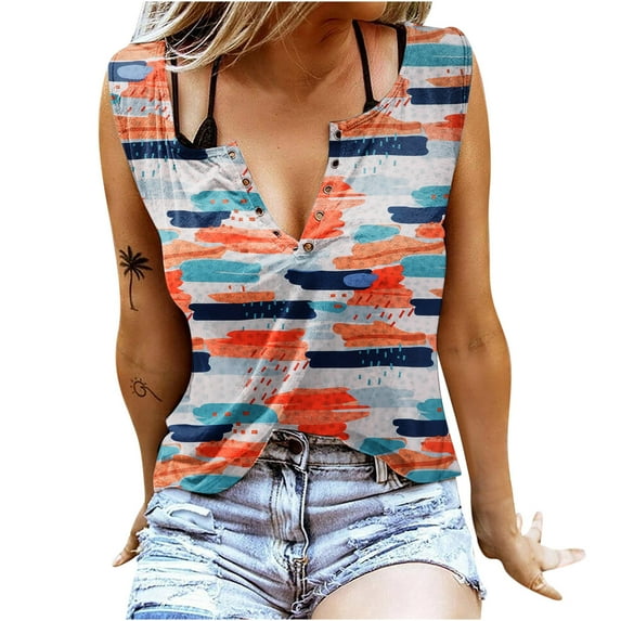 safuny Women's Loose Tank Tops Clearance Floral Polka Dot Print V Neck Button Casual Fit Trendy Camisole Sleeveless Clothing Summer Beach Holiday Orange XL