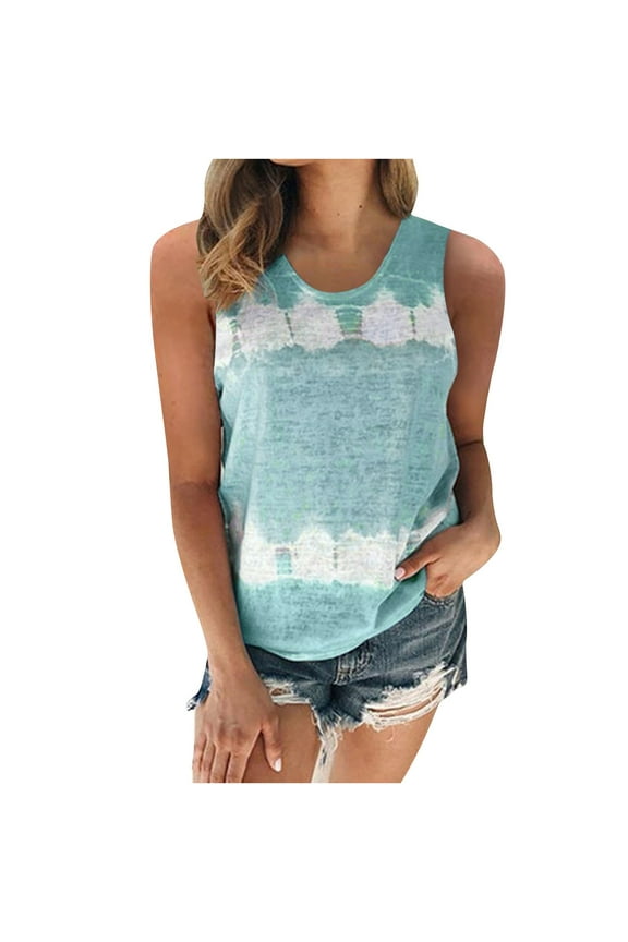 Women's Loose Tank Tops Tie Dye Printed Retro Cami Tops Sleeveless Round Neck Vest Leisure Comfy Fit Beach Blouses Fashion Summer Mint Green XXXXL