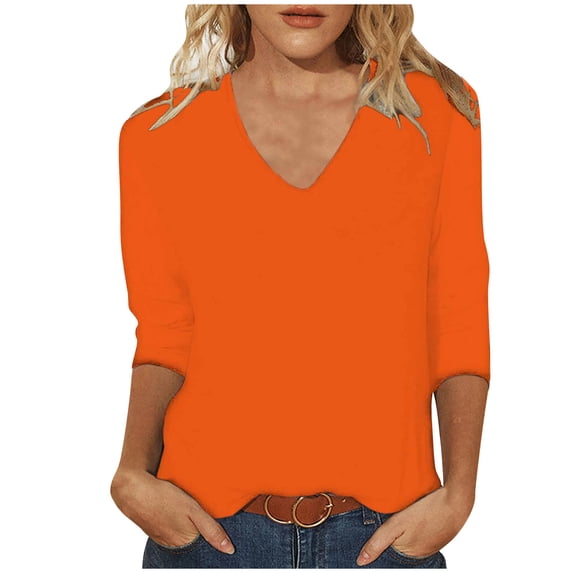 safuny Women's Loose Tops Clothing Fashion Fall Winter Long Sleeve Shirts V Neck Pullover Relaxed Casual Comfy Solid Tees Orange XL