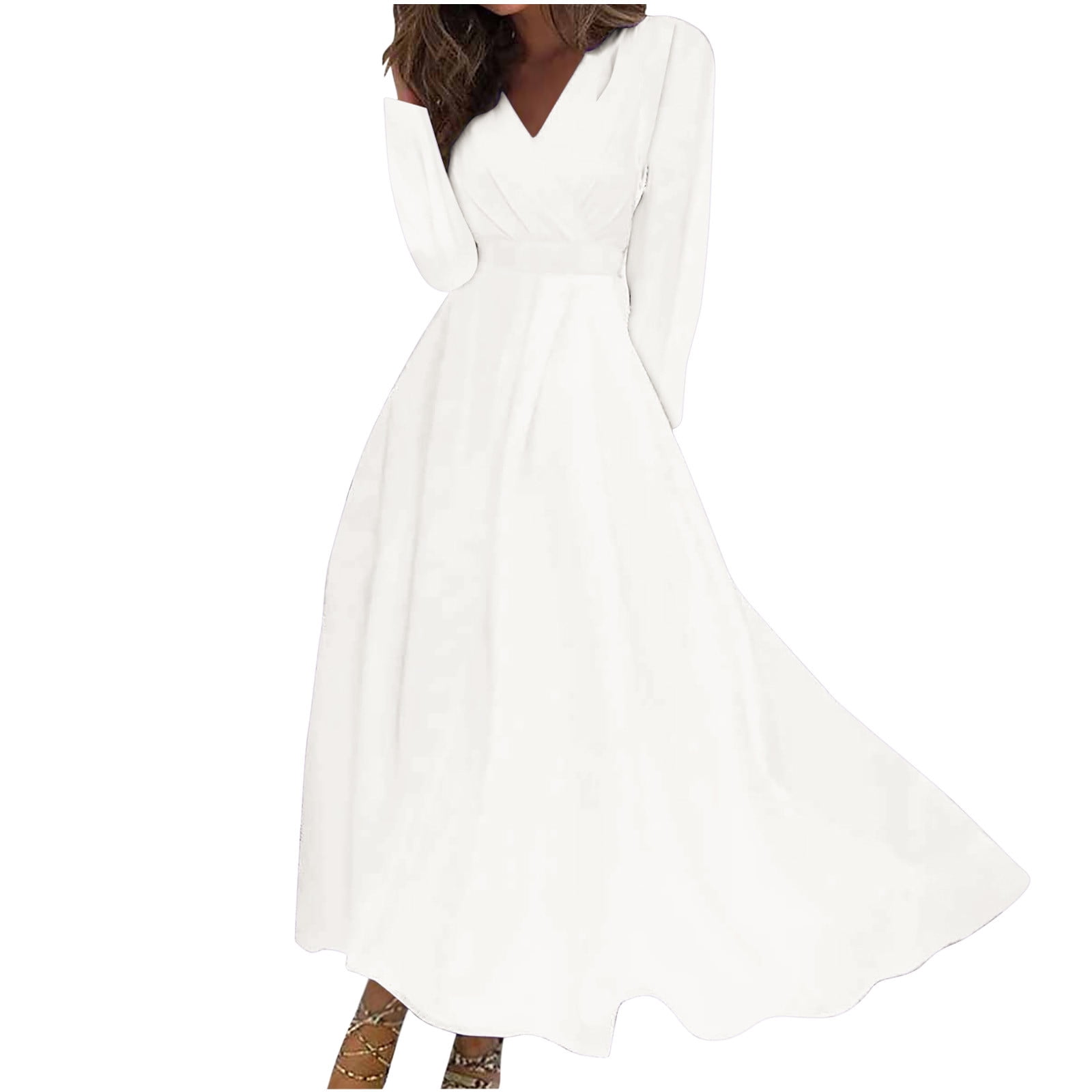 women's a line dress maxi long dress safuny Women's Maxi A Line Dress Solid Color V Neck Holiday Long Sleeve  Elegant Casual Daily Comfy Trendy Dresses White XXL