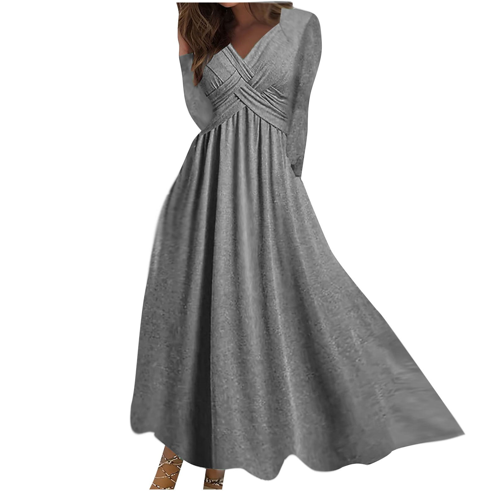 safuny Women's Maxi A Line Dress Solid Color V Neck Holiday Long Sleeve Elegant Casual Daily Comfy Trendy Dresses Gray L
