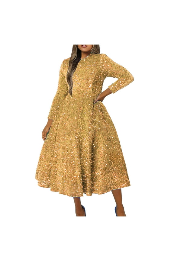 Women's Maxi A Line Dress Solid Mesh Sequins Shiny Lantren Sleeve V Neck Elegant Cocktail Wedding Evening Party Trendy Dresses Holiday Gold