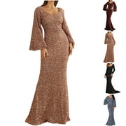safuny Womens Maxi Bodycon Dress Solid Sequins Shiny Trendy Dresses Holiday Long Sleeve Scoop Neck Elegant Cocktail Wedding Evening Party Silver M