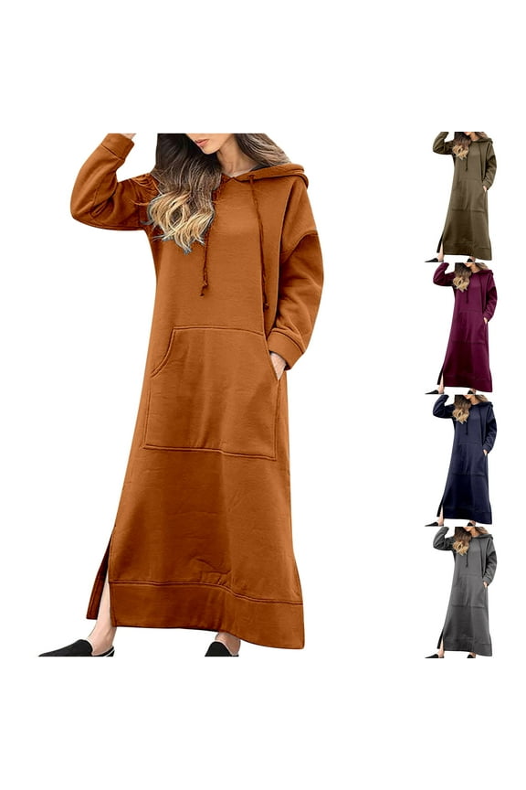 Women's Maxi Hoodie Dress Long Sweatshirt Tops with Pocket Solid Color Crew Neck Elegant Casual Daily Comfy Trendy Dresses Holiday Long Sleeve Army Green XXXXXL