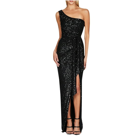 safuny Women's Maxi Side Split Dress Solid Sequins Shiny Trendy Dresses Sleeveless Elegant Cocktail Wedding Evening Party Holiday One Shoulder Black XXL