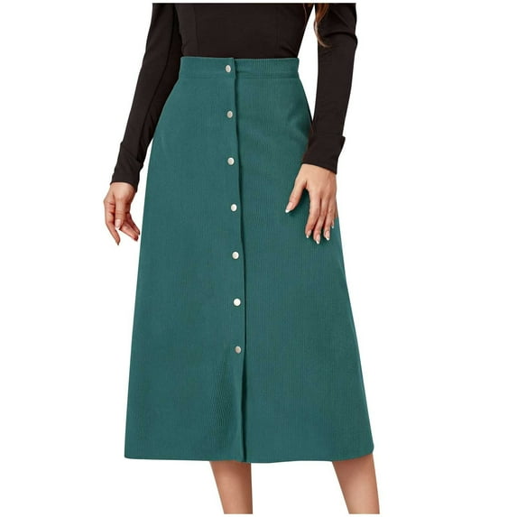safuny Women's Midi Corduroy A Line Skirts Clearance Vintage Y2K Girls Solid Color Cotton Lined Holiday High Waisted Button Summer Fashion Elegant Casual Green S