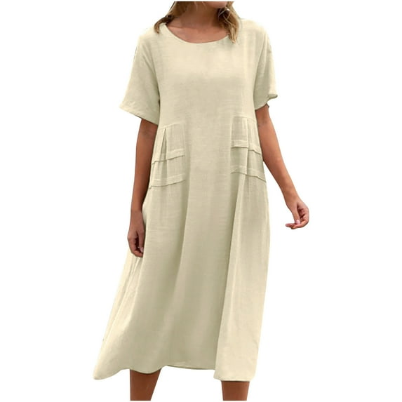 safuny Women's Midi Cotton Dress with Pocket Vintage Boho Short Sleeve Beach Clothing Elegant Casual Comfy Holiday Summer Round Neck Sundress Khaki XXXXL