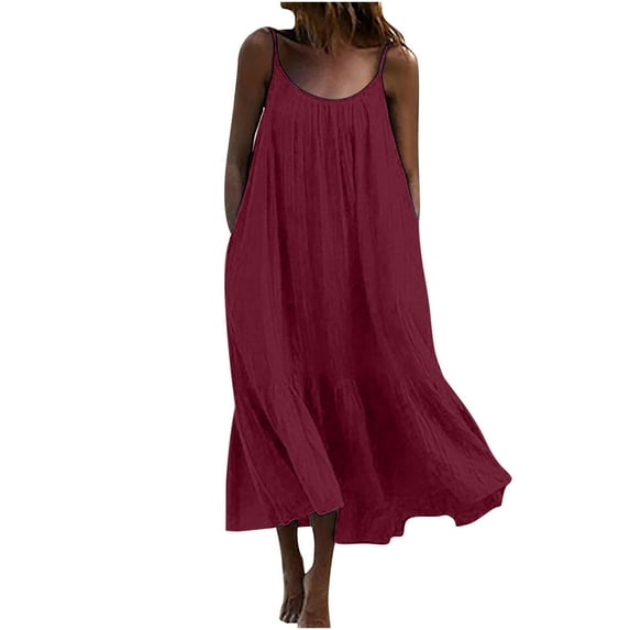 safuny Women's Midi Cotton Loose Cami Dress Clearance Solid Color Retro Boho Sleeveless Clothing Summer Beach Round Neck Dress Elegant Casual Comfy Holiday Red XXL