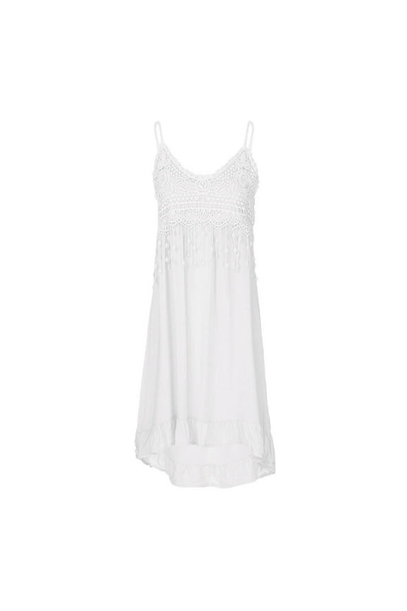Women's Midi Loose Cami Dress Solid Floral Lace Clothing Vintage Boho Holiday Sleeveless Summer Beach V Neck Dress Tassel Ruffle Hem White XXXL