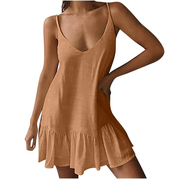 safuny Women's Midi Loose Cami Dress Solid Floral Lace Clothing Vintage Boho Holiday Sleeveless Summer Beach V Neck Dress Tassel Ruffle Hem Coffee XXL