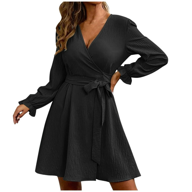 safuny Women s Mini A Line Dress Solid Holiday Long Sleeve V Neck