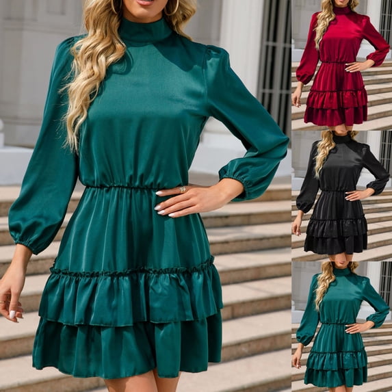 safuny Women's Mini A Line Dress Solid Satin Spring Elegant Ruffle Tiered Hem Holiday Retro Fashion Long Sleeve Autumn Dress High Neck Black S