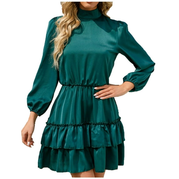 safuny Women's Mini A Line Dress Solid Satin Spring Elegant Ruffle Tiered Hem Holiday Retro Fashion Long Sleeve Autumn Dress High Neck Green L
