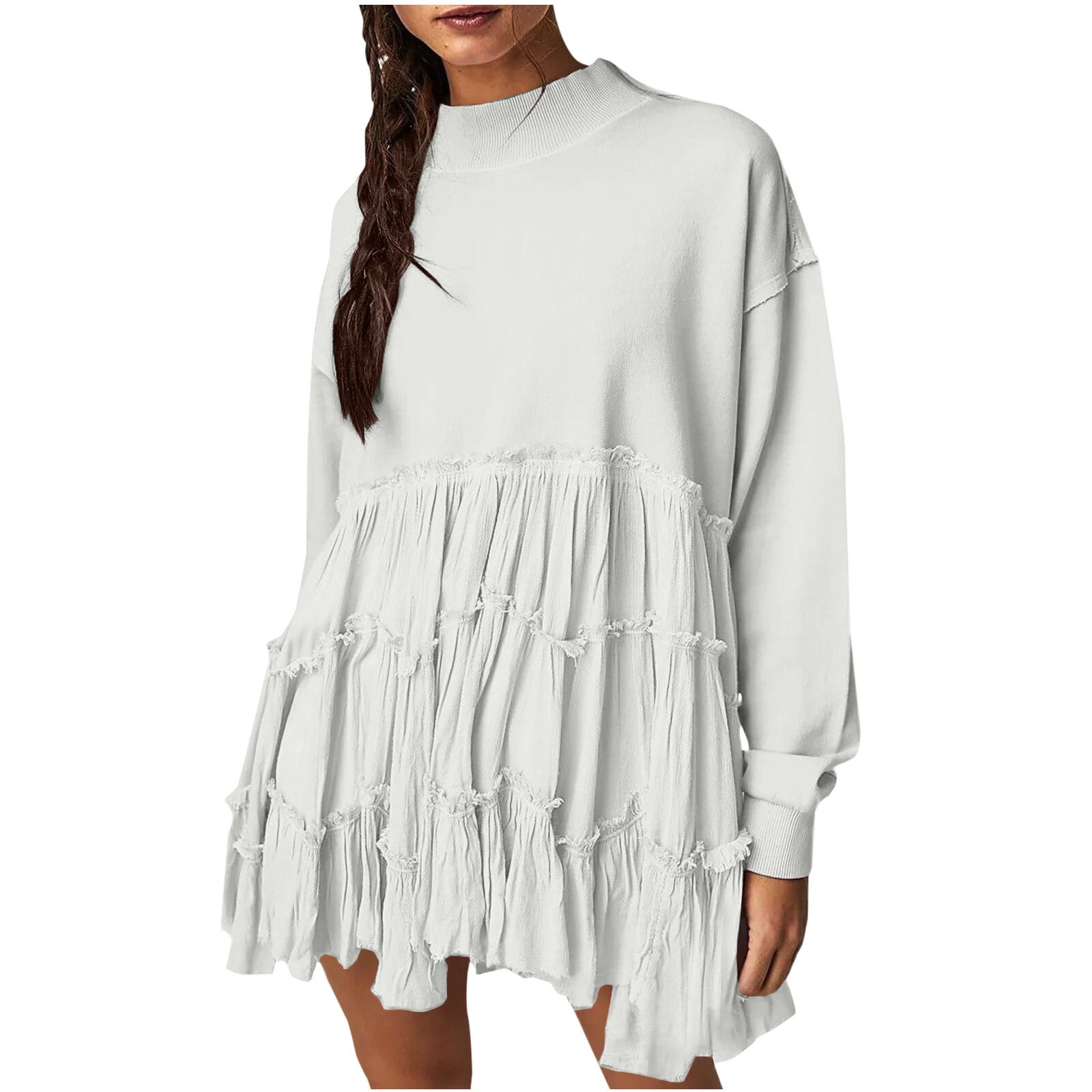 safuny Women's Mini Babydoll A Line Dress Sweatshirts Solid Color Elegant  Casual Patchwork Ruffle Hem Pleated Holiday Dresses Long Sleeve Drop  Shoulder High Neck Trendy White L