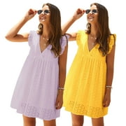 SAFUNY Women's Mini Babydoll Dress Solid Color Holiday Retro Boho Sleeveless Clothing Summer Beach Eyelet Pleated Leisure V Neck Dress Green L