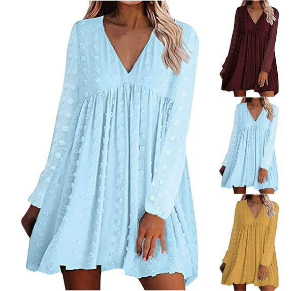 safuny Women's Mini Babydoll Dress Solid Swiss Dot Long Sleeve Autumn Dress Winter V Neck Elegant Leisure Comfy Vacation Fashion Wine S