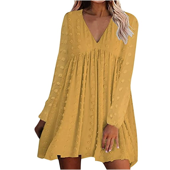 safuny Women's Mini Babydoll Dress Solid Swiss Dot Long Sleeve Autumn Dress Winter V Neck Elegant Leisure Comfy Vacation Fashion Yellow S