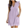 thumbnail image 1 of safuny Women's Mini Babydoll Dress Solid Color Holiday Retro Boho Sleeveless Clothing Summer Beach Eyelet Pleated Casual V Neck Dress Purple M, 1 of 6