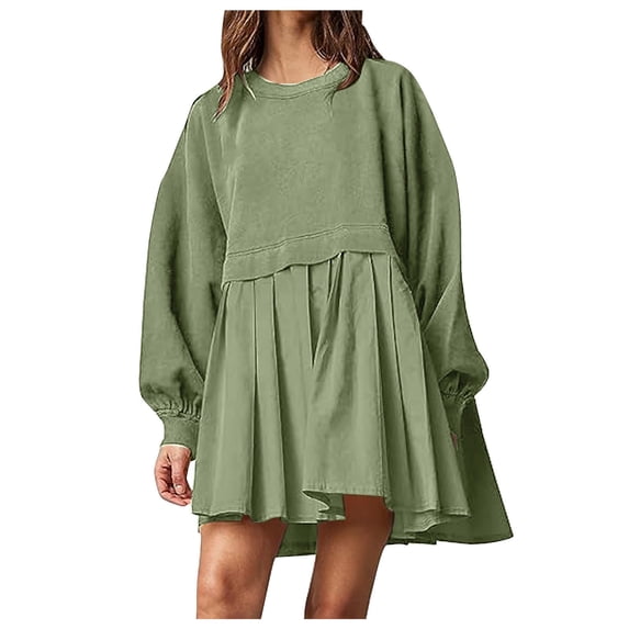safuny Women's Mini Babydoll A Line Dress Sweatshirts Solid Color Autumn Dresses Long Sleeve Crew Neck Elegant Casual Patchwork Ruffle Hem Pleated Trendy Holiday Winter Green XL