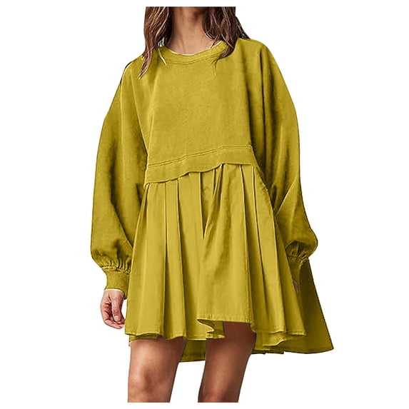 safuny Women's Mini Babydoll A Line Dress Sweatshirts Solid Color Autumn Dresses Long Sleeve Crew Neck Elegant Casual Patchwork Ruffle Hem Pleated Trendy Holiday Winter Yellow L