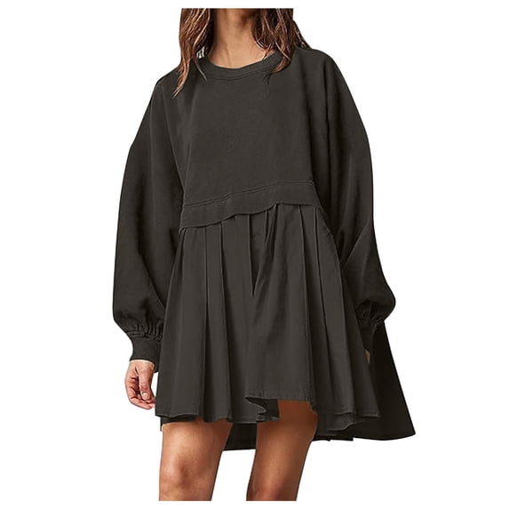 safuny Women's Mini Babydoll A Line Dress Sweatshirts Solid Color Dresses Long Sleeve Crew Neck Elegant Casual Patchwork Ruffle Hem Pleated Trendy Holiday Dark Gray XL