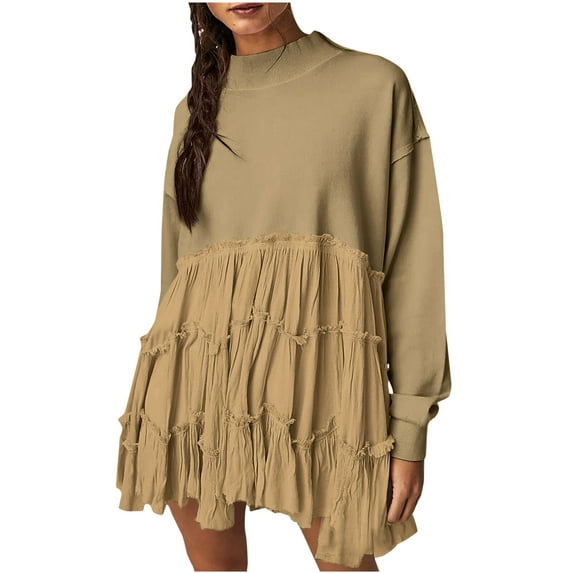 safuny Women's Mini Babydoll A Line Dress Sweatshirts Solid Color Elegant Casual Patchwork Ruffle Hem Pleated Holiday Dresses Long Sleeve Drop Shoulder High Neck Trendy Khaki XL