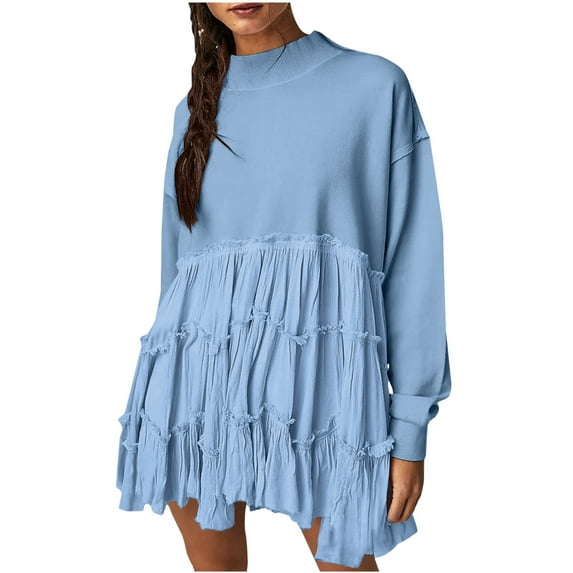 safuny Women's Mini Babydoll A Line Dress Sweatshirts Solid Color Elegant Casual Patchwork Ruffle Hem Pleated Holiday Long Sleeve Drop Shoulder High Neck Trendy Sky Blue XL