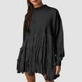 thumbnail image 1 of safuny Women's Mini Babydoll A Line Dress Sweatshirts Solid Color High Neck Elegant Casual Patchwork Ruffle Hem Pleated Trendy Holiday Long Sleeve Drop Shoulder Dresses Black S, 1 of 9