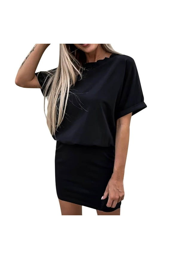 Women's Mini Blouson Dress Solid Color Beach Clothing Summer Short Sleeve Crew Neck Dress Elegant Casual Comfy Retro Boho Holiday Black S