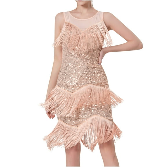 safuny Women's Mini Bodycon Dress Party Solid Shiny Sequins Tassels Holiday Sleeveless Scoop Neck Elegant Slim Evening Prom Trendy Dresses Gold M