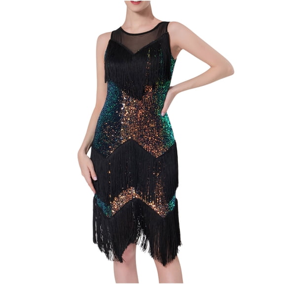 safuny Women's Mini Bodycon Dress Party Solid Shiny Sequins Tassels Holiday Sleeveless Scoop Neck Elegant Slim Evening Prom Trendy Dresses Green S