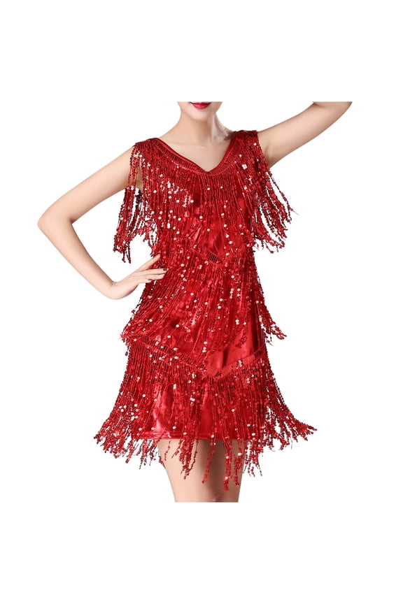 Women's Mini Bodycon Dress Party Solid Shiny Sequins Tassels Sleeveless Elegant Slim Evening Prom Holiday Scoop Neck Trendy Dresses Red M