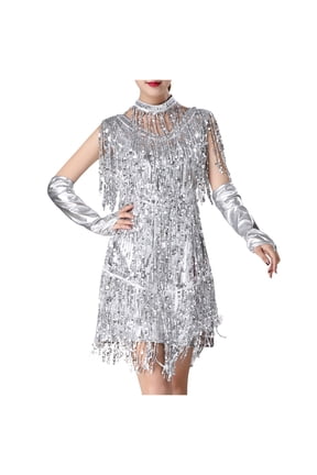 Women's Mini Bodycon Dress Party Solid Shiny Sequins Tassels Sleeveless Scoop Neck Elegant Slim Evening Prom Trendy Dresses Holiday Silver XL
