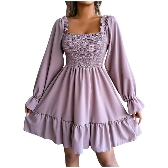 safuny Women's Mini Chiffon A Line Dress Solid Fashion Elastic Ruffle Hem Holiday Retro Long Sleeve Spring Autumn Dress Square Neck Khaki XL