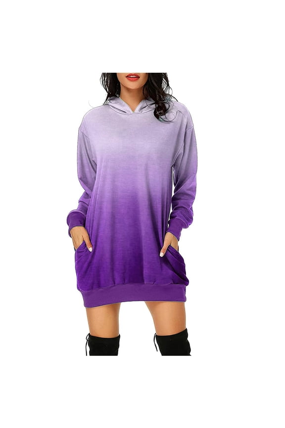 Women's Mini Hoodie Straight Dress Solid Color Fall Dresses Elegant Casual Long Sweatshirt Tops Holiday Winter Long Sleeve Trendy Crew Neck Purple XL