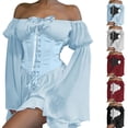 thumbnail image 1 of safuny Women's Mini A Line Babydoll Chiffon Dress Solid Color Ruffle Holiday Flare Sleeve Off Shoulder Trendy Dresses Elegant Casual Retro Lacing Corset Black S, 1 of 5