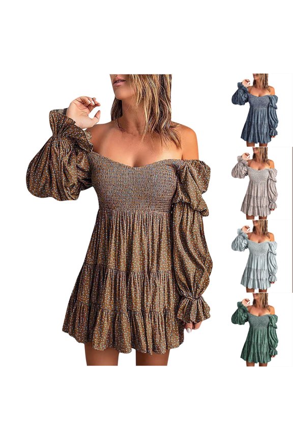 Women's Mini A Line Babydoll Dress Floral Boho Winter Trendy Holiday Long Sleeve Autumn Dresses Hawaiian Tropics Elegant Beach Tiered Off Shoulder Beige S