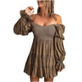 thumbnail image 1 of safuny Women's Mini A Line Babydoll Dress Floral Boho Winter Trendy Holiday Long Sleeve Autumn Dresses Hawaiian Tropics Elegant Beach Tiered Off Shoulder Coffee XL, 1 of 4