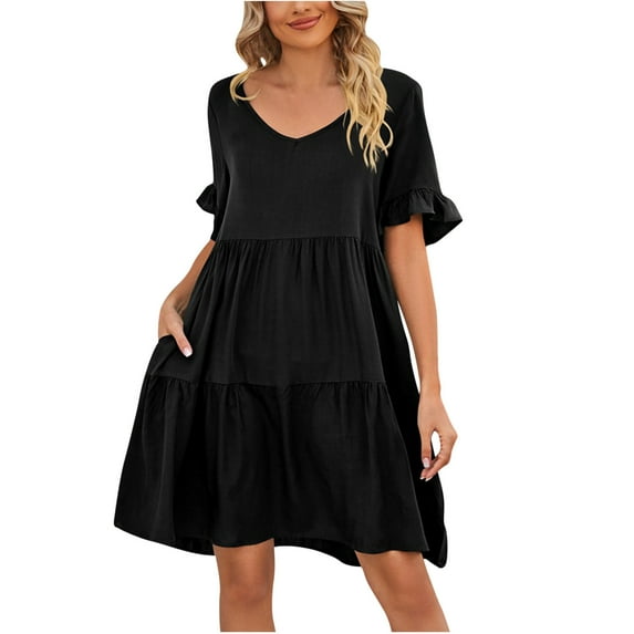 safuny Women's Mini Loose Babydoll Dress Ruffle Sleeve Summer Beach Vintage Boho V Neck Sundress Clothing Elegant Casual Comfy Holiday Black L