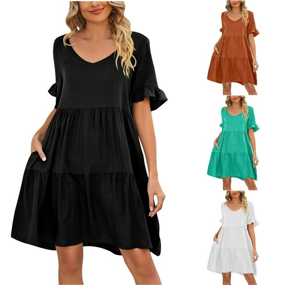 safuny Women's Mini Loose Babydoll Dress Ruffle Sleeve Summer Beach Vintage Boho V Neck Sundress Clothing Elegant Casual Comfy Holiday Orange L